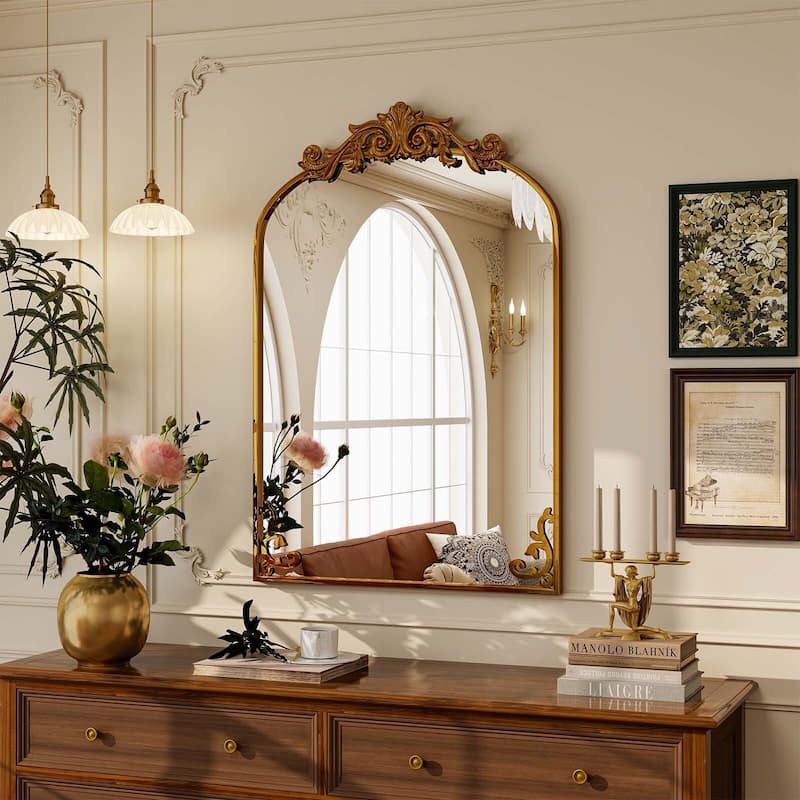 Arched Baroque Bathroom Mirror with Bottom Floral Decor