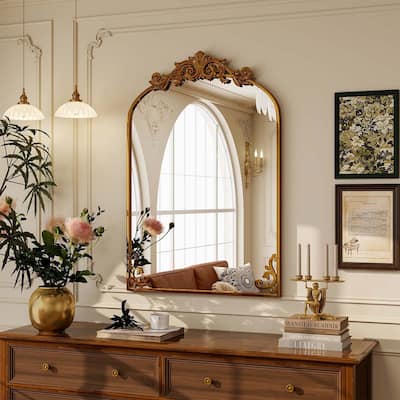Arched Baroque Bathroom Mirror with Bottom Floral Decor