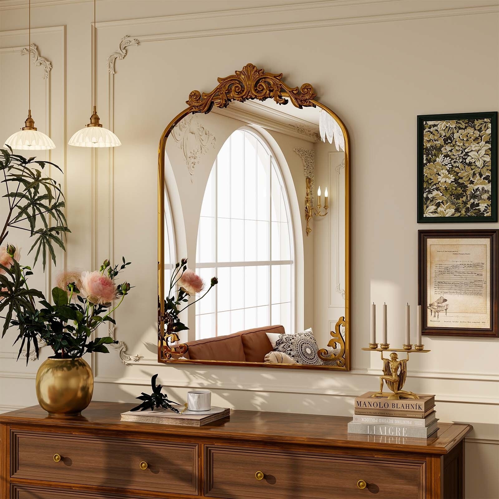 Arched Baroque Bathroom Mirror with Bottom Floral Decor