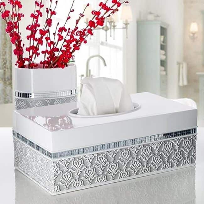 Creative Scents Mirror Damask White and Gray Bathroom Trash Can