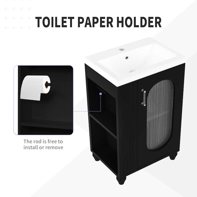 20 Inch Freestanding Bathroom Vanity with Sink, 2-Tier Side Shelf, Toilet Paper Holder, Adjustable Cabinet Shelf
