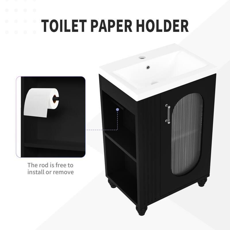 Freestanding Bathroom Vanity with Sink, Storage Cabinet with Oval Glass Door, Toilet Paper Holder and 2-tier Shelves