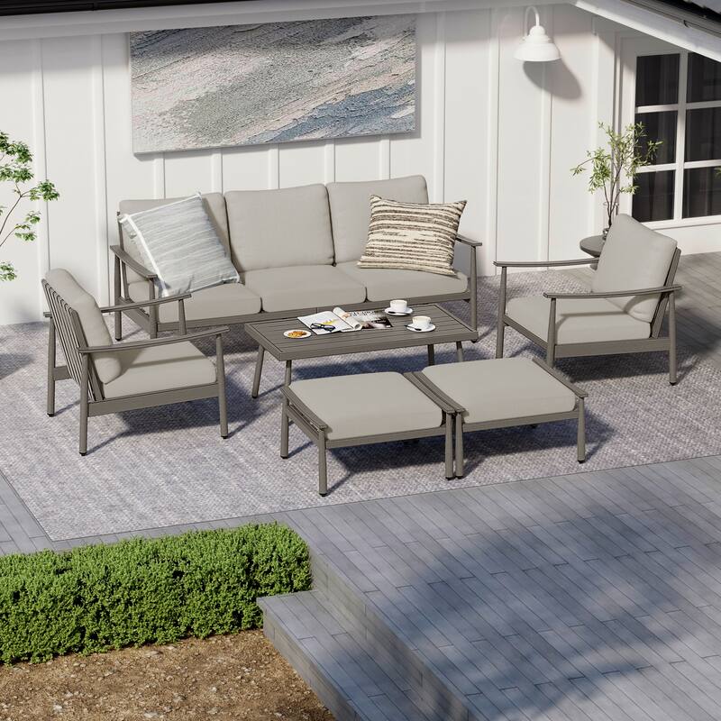 6-Piece Aluminum Patio Conversation Set, 3-Seat Outdoor Couch with Ottomans and Coffee Table