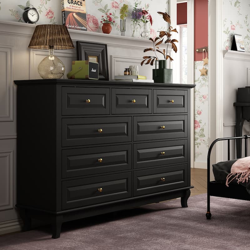 55.1"W 9-Drawer Dresser: Spacious and Sleek Design Chest Lacquer - Black