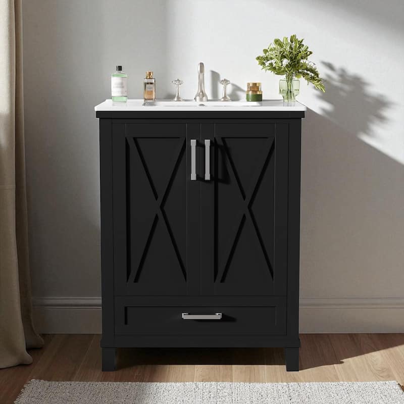 24" Bathroom Vanity with Ceramic Sink, Solid Wood Frame, Soft-Close Doors, Drawer and Shelves, Freestanding Storage Cabinet - Black