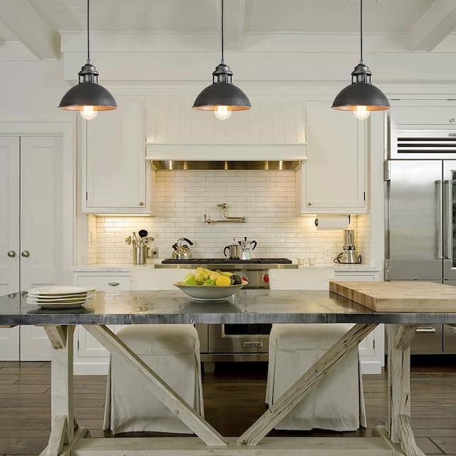 Farmhouse 1-Light Brushed Silver Metal Industrial Dome Bowl Kitchen Island Pendant Lighting - 9.1'' L x 9.1'' W x 8'' H
