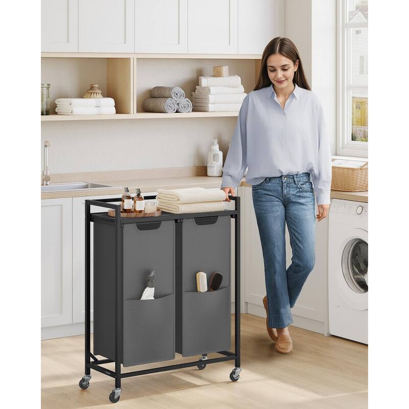 2-Compartment Laundry Hamper with Wheels and Top Organizer Shelf Removable Bags for Clothes and Towels