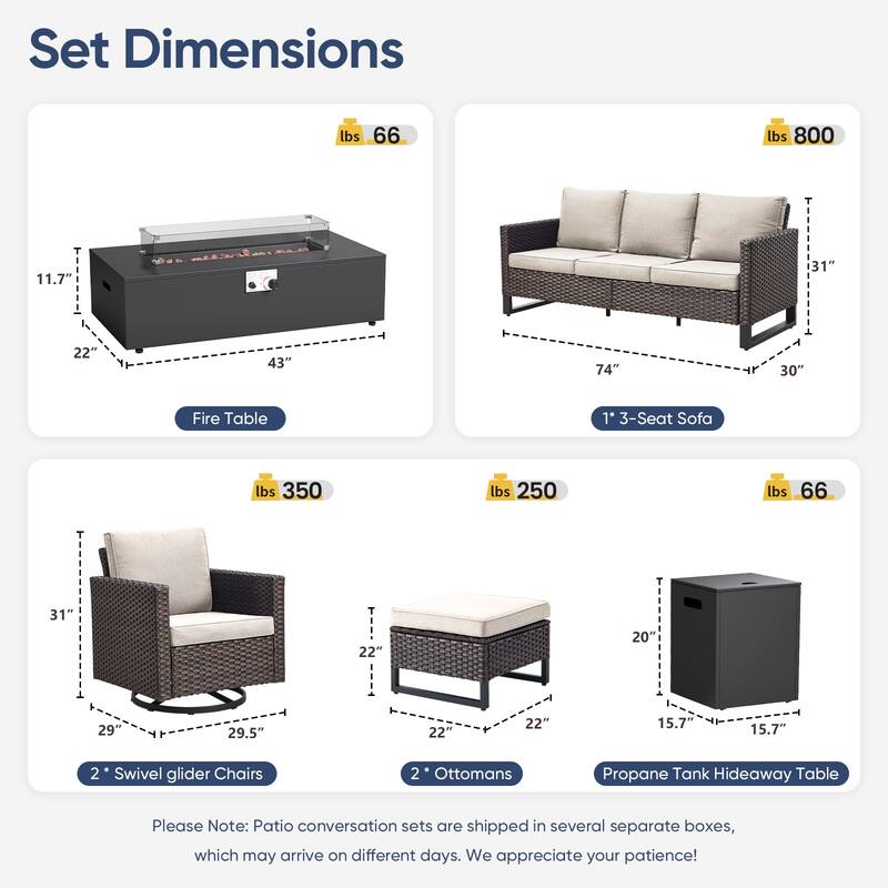 Pocassy 7-Piece Patio Sofa Swivel Chair Ottoman with Fire Table