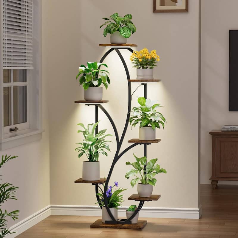 Brown-Black Wood 7-Tier Indoor Plant Stand Shelf with Grow Lights - 24.8" L x 11.8" W x 54.3" H