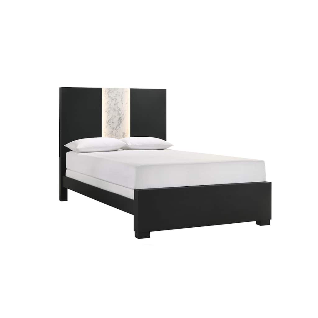 Amey Queen Panel Bed, Built In Light, White Marble Trim, Black Wood