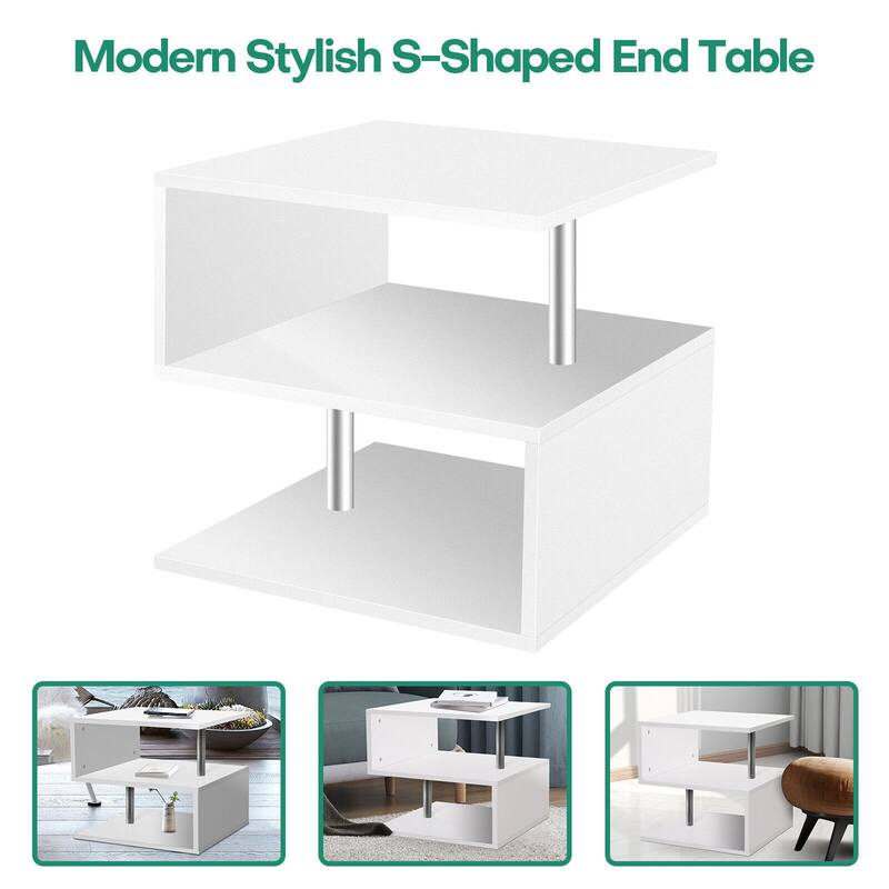 3 Tier S-Shaped End Table Wood Side Table with Storage Shelf - 20.7"H x 17.3"W x 14.9"D