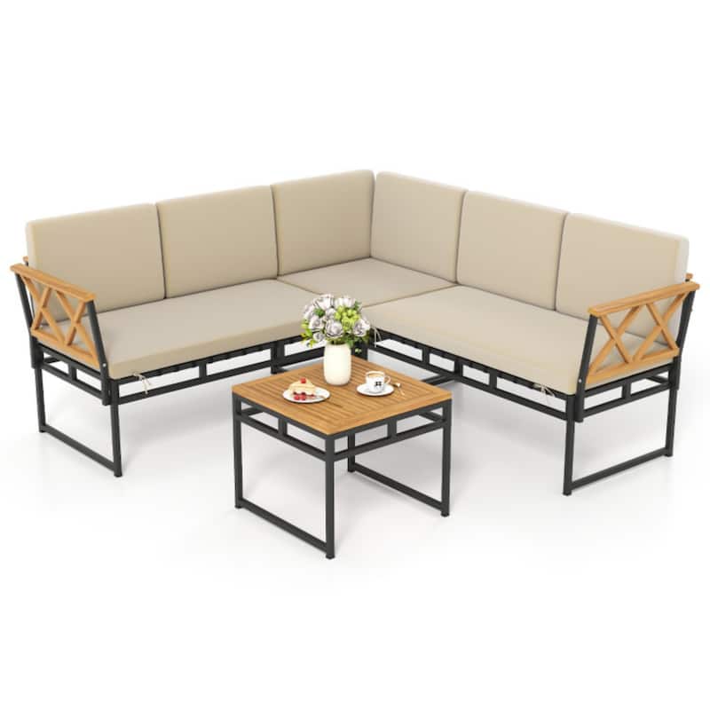 4-Piece L-Shaped Design Outdoor Sectional Sofa Set with Acacia Wood Table and Beige Cushions - 25.5" x 47.5" x 26"