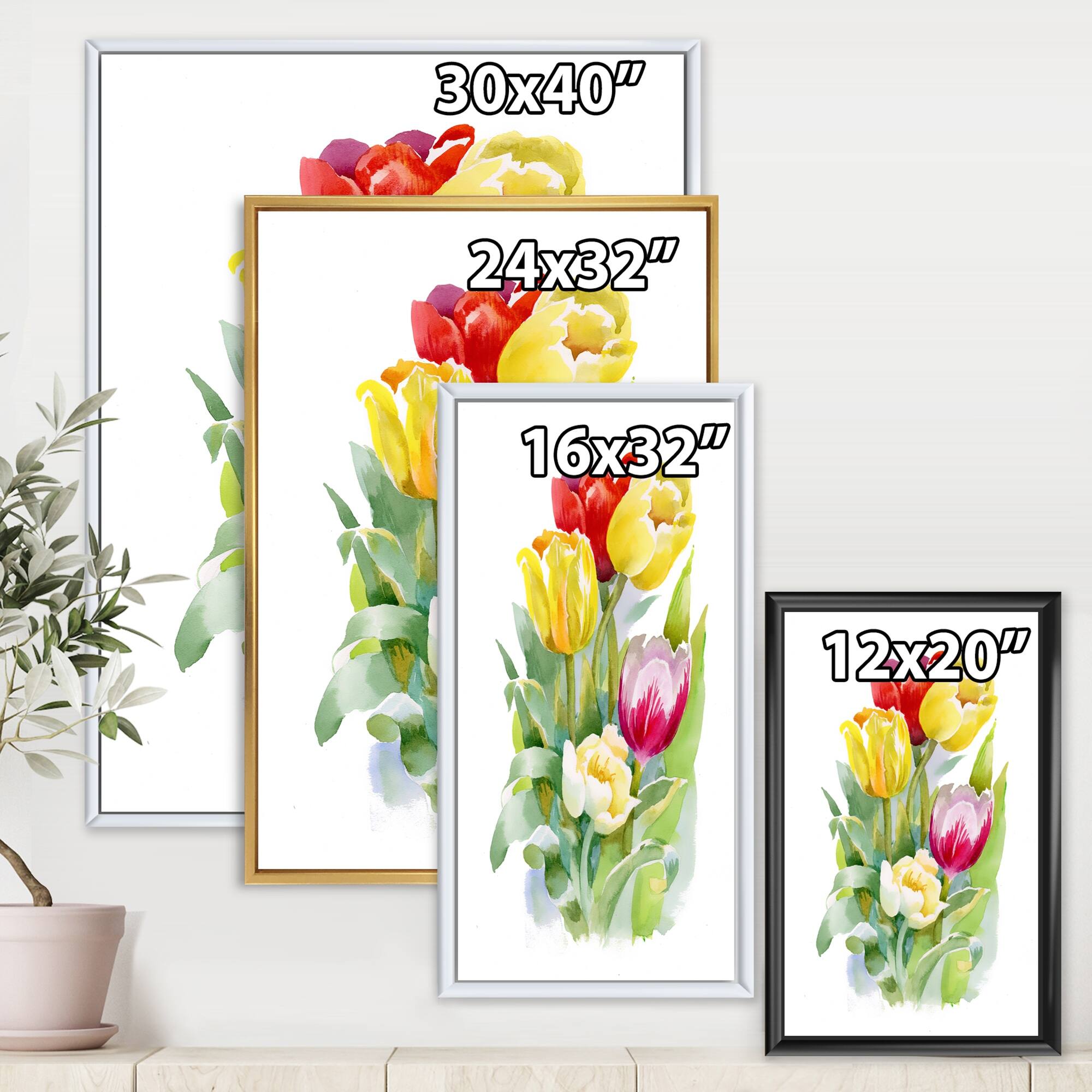 Designart "Bouquet of White and Red Tulips" Traditional Framed Canvas