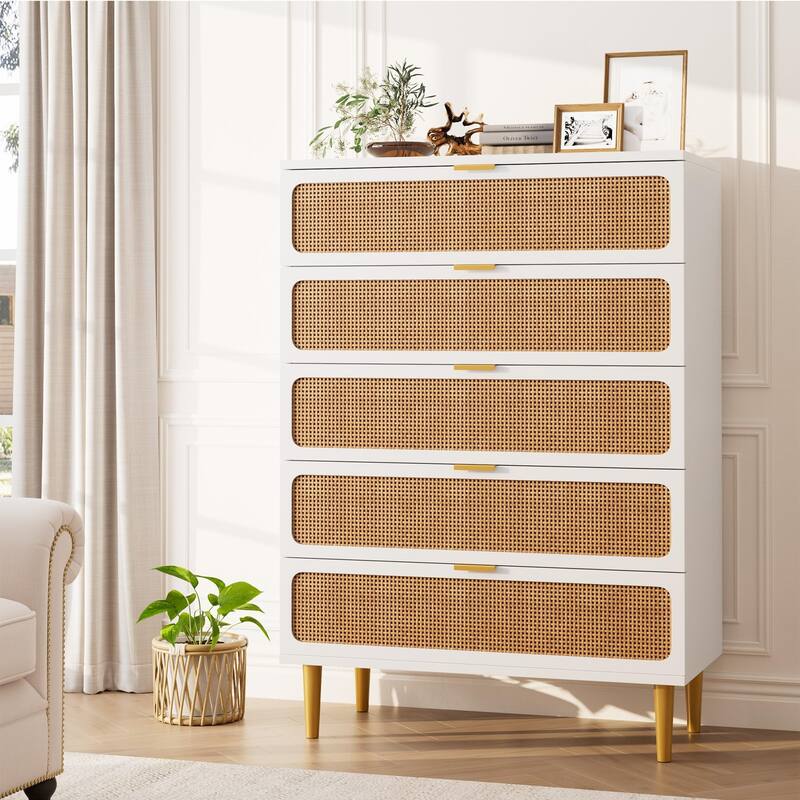 5/6 Drawer Rattan Dresser for Bedroom, Large Freestanding Wooden Chest Storage