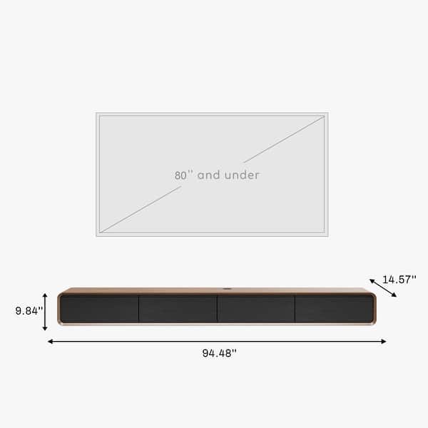 dimension image slide 2 of 12, Floating Modern TV Stand for Living Room, Wall-Mounted Entertainment Center with Storage Drawers, Solid Wood, Fully-Assembled