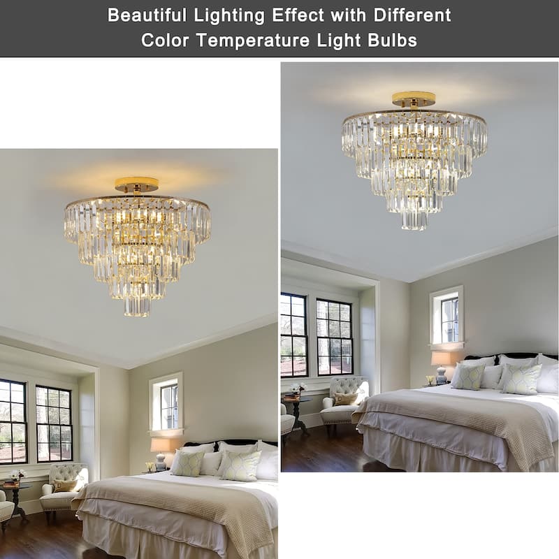5-Tier Round Semi Flush Mount Crystal Chandeliers for Living Room