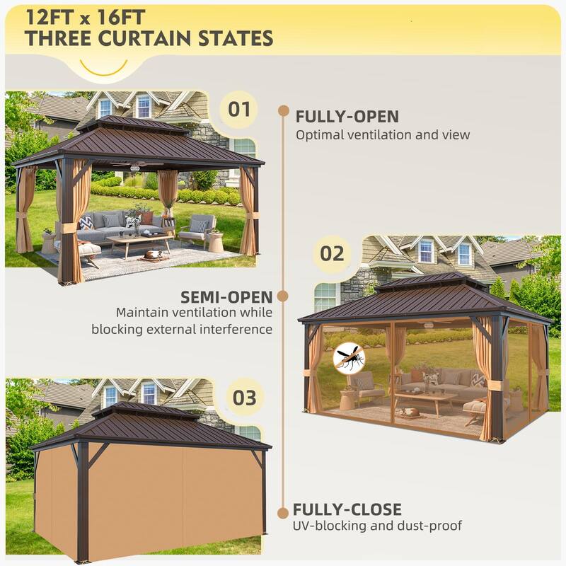 Erommy Hardtop Gazebo with Galvanized Steel Double Roof & Aluminum Frame, Outdoor Gazebo with Curtains and Nettings