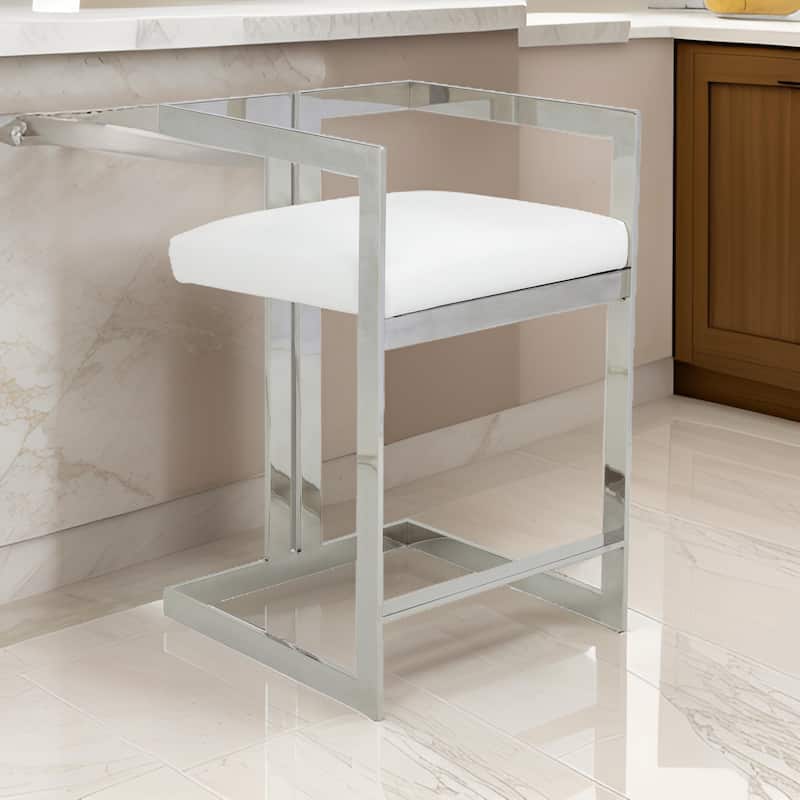 Suki 26 Inch Counter Stool Chair, White Faux Leather, Stainless Steel