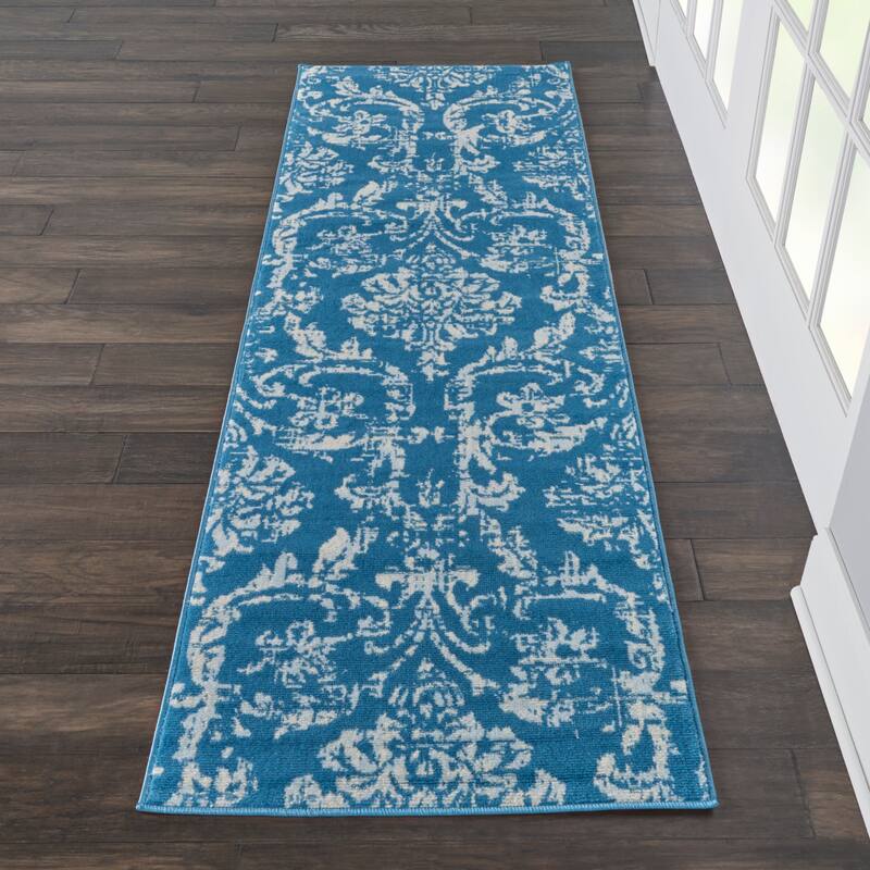 Nourison Jubilant Vintage Farmhouse Damask Area Rug - 2'3" x 7'3" Runner - Blue