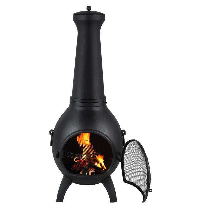 Black Aluminum Spherical Chiminea with BBQ Grill and Rainproof Cover - 18 Inch