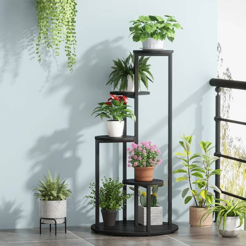 Black Wood Iron 5-Tier Round Indoor Plant Stand with Open Shelving Display - 19.68'' L X 19.68'' W x 40.94” H