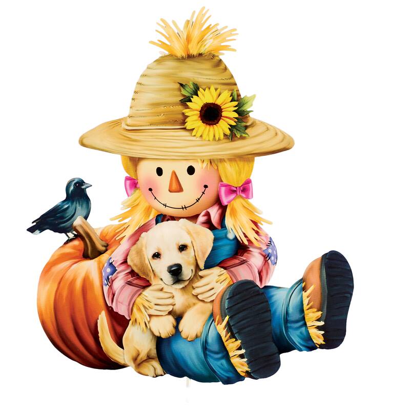 Girl Scarecrow and Puppy Outdoor Garden Stake - 15.5 x 24.5 x 0.25