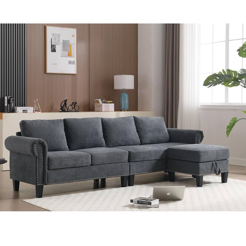 Linen Fabric Sectional Sofa, L-shaped Upholstered Sofa with Storage, Modern Rolled Arms Couch for living room