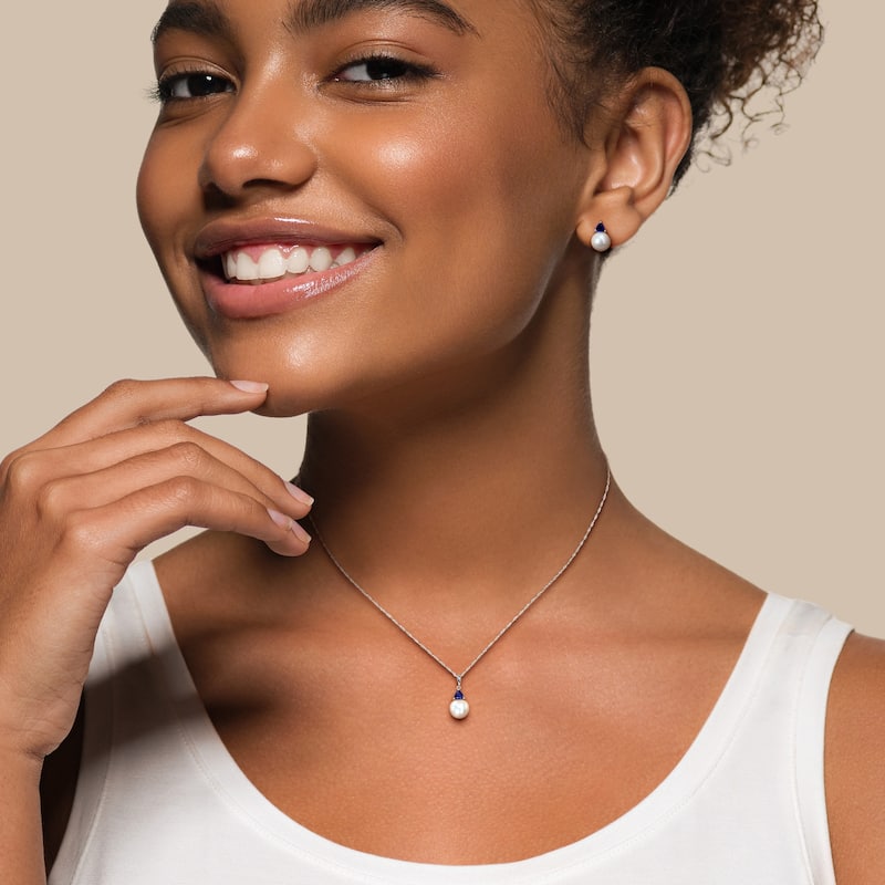 Miadora Cultured Freshwater Pearl 1 1/5ct TGW Created Blue Sapphire Jewelry Set 10k White Gold