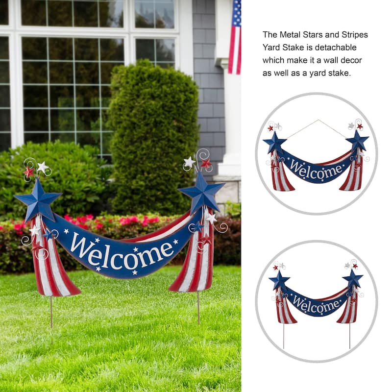 Glitzhome Metal Americana Stars Stripes Yard Stake Wall Sign with Welcome Flag