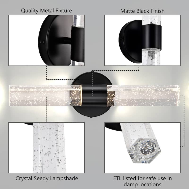Modern 2-Light Matte Black Dimmable Indoor Wall Sconce With Crystal Bubble Glass Shade 3000K Led 4-Watt Vanity Light Bar