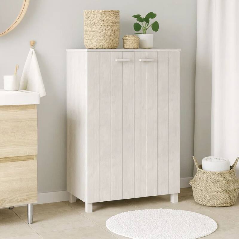 Accent Shoe Cabinet, 2 Doors, Farmhouse White Solid Pine Wood