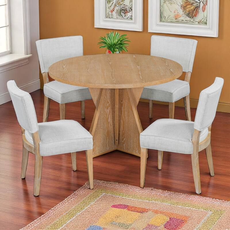 5-Piece Round Dining Set for 4, Kitchen Table with Upholstered Chairs, Trestle Base for Dining Room or kitchen - Natural Wood Wash