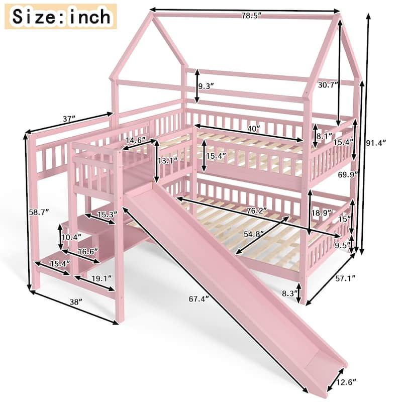 Full/Twin House-Shaped Bunk Bed with Slide & Storage Stairs, Playhouse Bed with Two Placement Methods