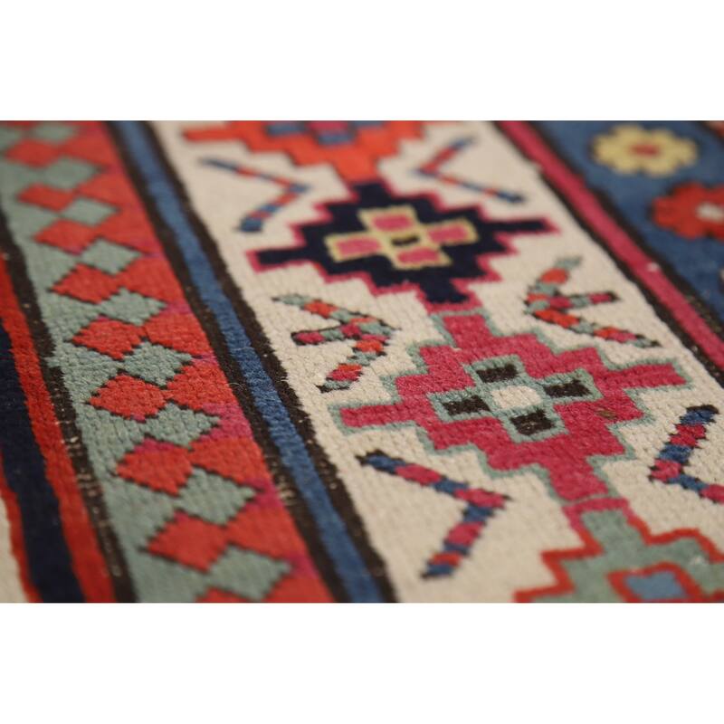 Hand Knotted Oriental 100% Wool Carpet Traditional Geometric Multi-Colored Kazak Runner Rug - 7' 6'' X 3' 4''