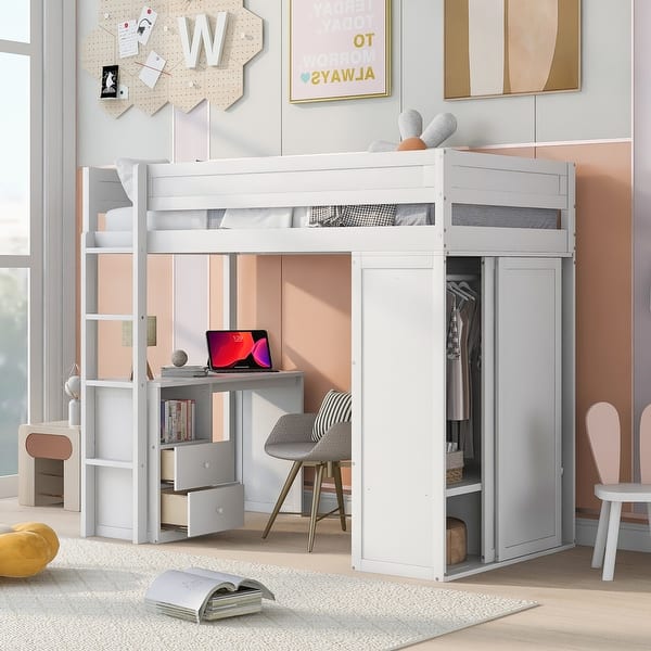 slide 2 of 32, Pine Wood Loft Bed with Wardrobes, 2-Drawer Desk, and Cabinet, Full-Length Guardrail Twin - White