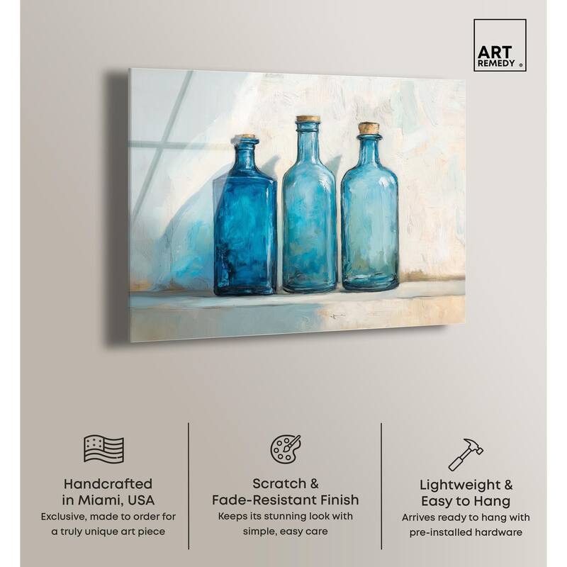 Three Blue Bottles Acrylic by Art Remedy, Ready to Hang