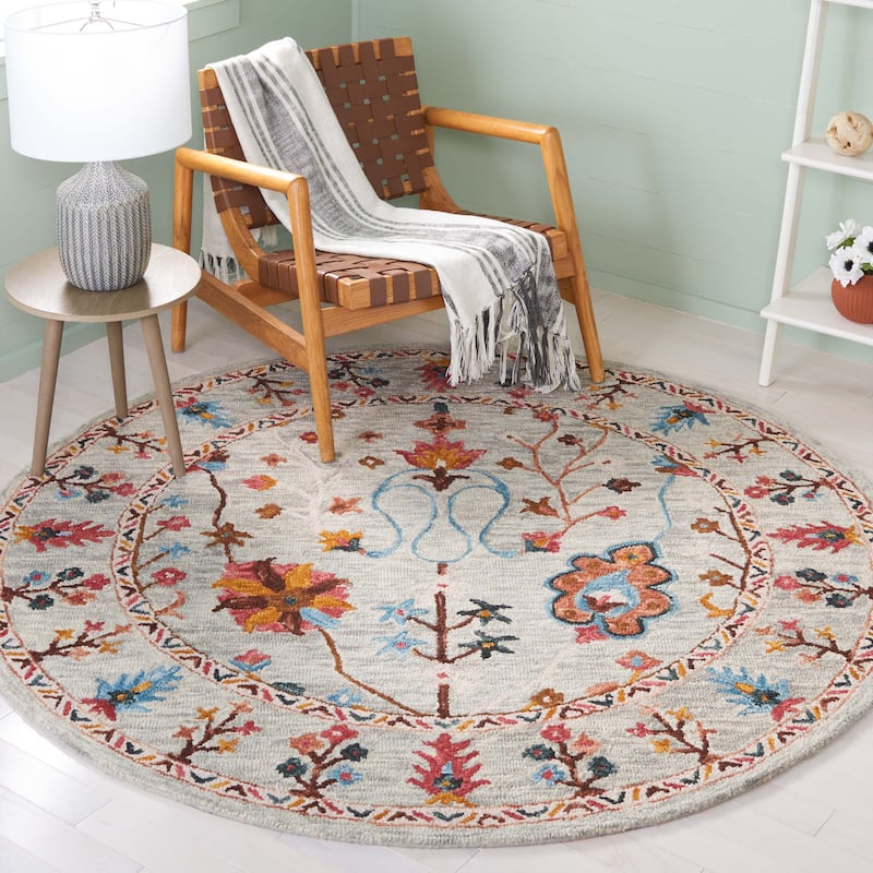 SAFAVIEH Handmade Blossom Trees French Country Wool Rug - 6' Round - Grey/Red