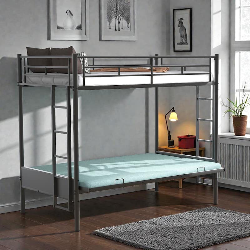 Twin over Full Metal Bunk Bed with Futon Sofa, Multi-Function Convertible Design, Heavy-Duty Steel Frame - Black - Full