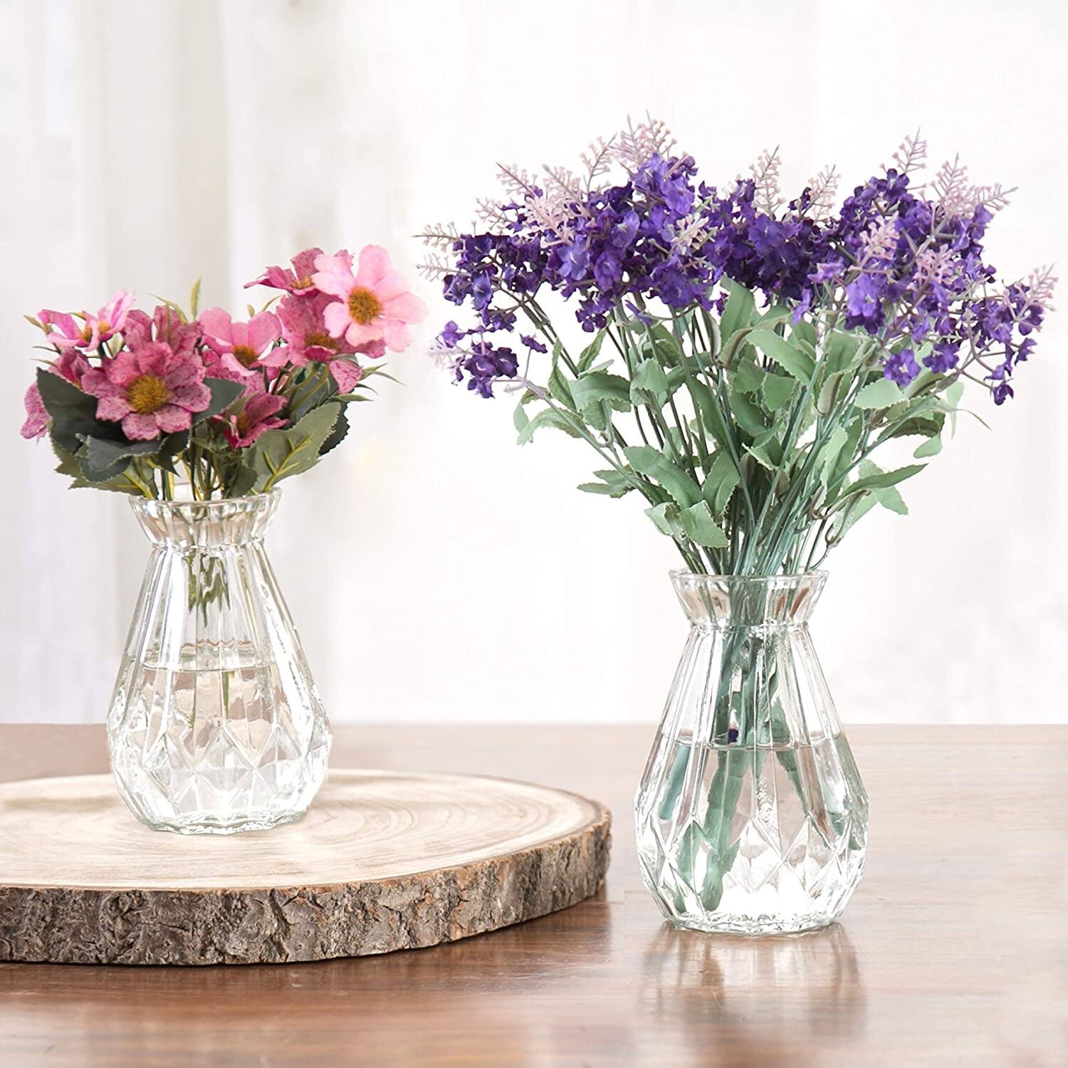 Decorative Clear Glass DiamondFaceted Flower Vases Set of 2 On Sale