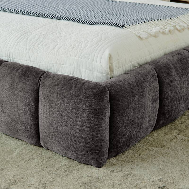 Block Thick Chenille Low Profile Platform Bed Fabric Upholstered Bedframe with Headboard Solid Wood Frame - Optional Storage Bed