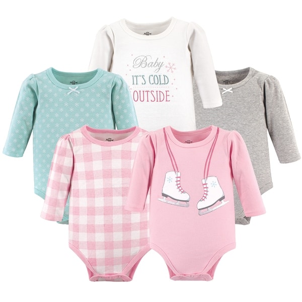 slide 1 of 1, Little Treasure Baby Girl Cotton Long-Sleeve Bodysuits 5pk, Ice Skates 0-3 Months - Ice Skates