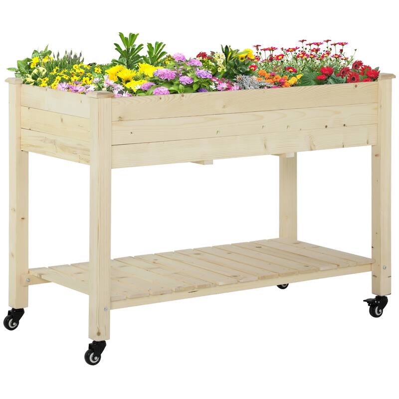 Elevated Wooden Planter Box Movable Garden Beds with Lockable Wheels Storage Shelf and Bed Liner for Backyard Patio