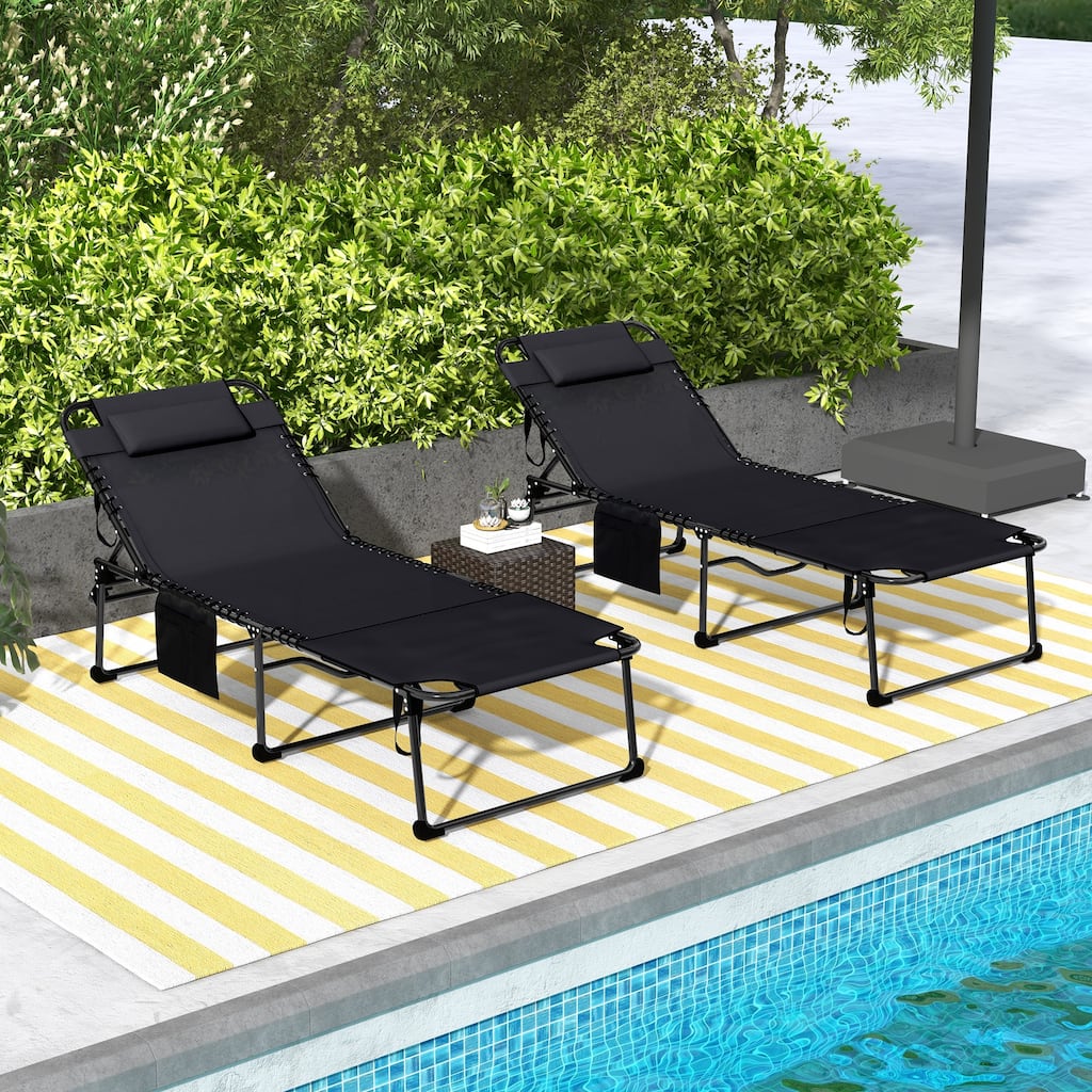 2-Piece Outdoor Folding Lounge Chairs with Adjustable Backrest, Headrest Pillows and Side Storage Pockets for Beach Yard Patio