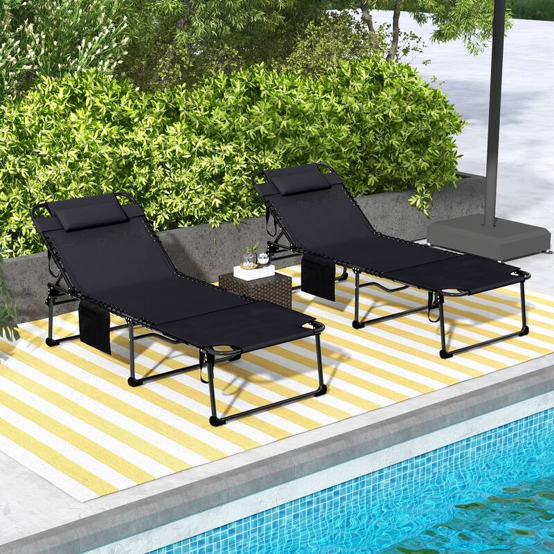 Outdoor 2-Piece Folding Chaise Lounge with 5-level Reclining Back, Reading Face Hole,Side Pocket & Headrest