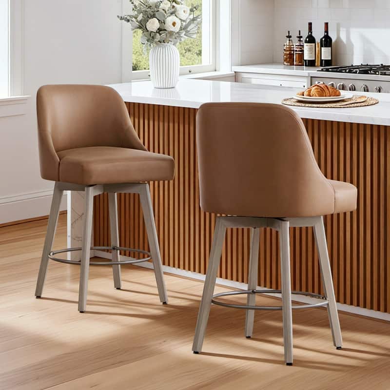Spruce & Spring Modern Upholstered 360-degree Swivel Bar Stool for Kitchen and Home Bar - Set of 2 - Brown