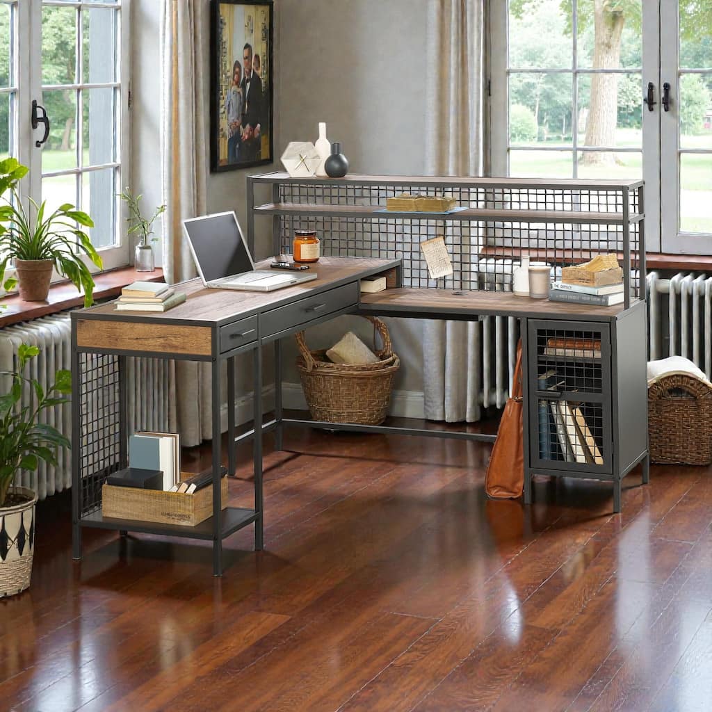 Industrial L Shaped Desk with 2 Drawers and Shelves, Computer Desk with Cable Management and Metal Frame