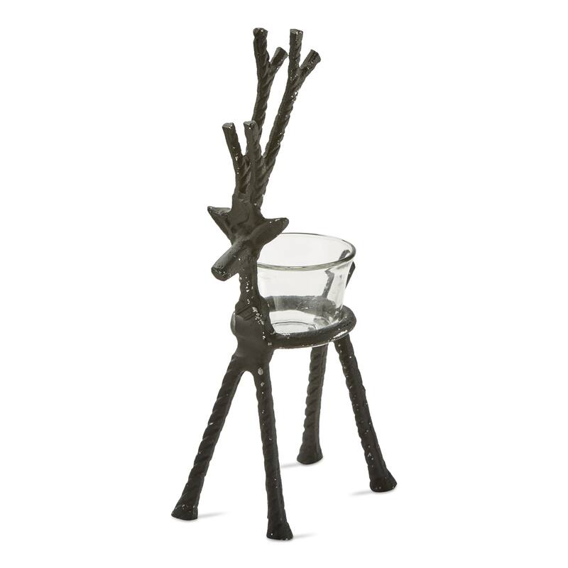 Christmas Rustic Aluminum Reindeer Tealight Candle Holder Short, 10 inch