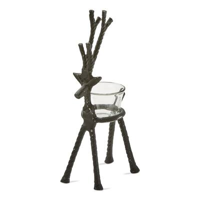 Christmas Rustic Aluminum Reindeer Tealight Candle Holder Short, 10 inch