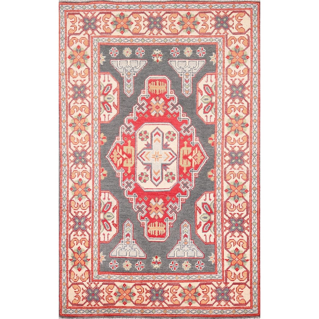 Geometric Kazak Oriental Accent Rug Handmade Grey Wool Carpet - 3'1" x 5'1"