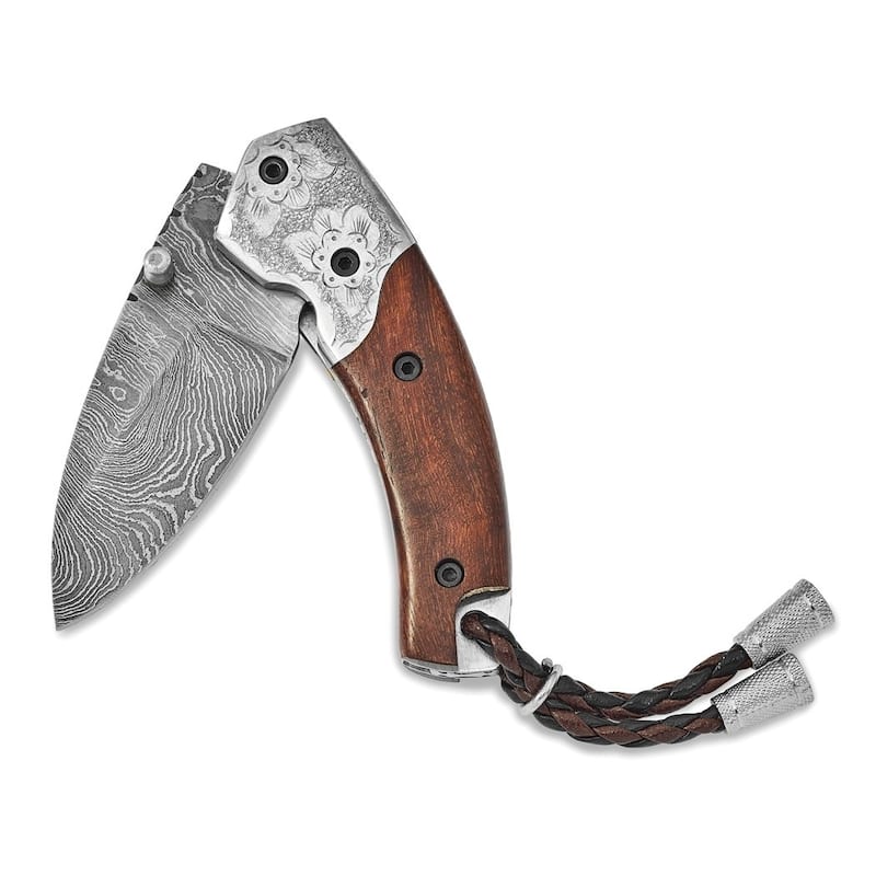 Curata Damascus Steel 256 Layer Folding Blade Steel Guard Tali Wood Handle Knife Leather Sheath Wooden Gift Box
